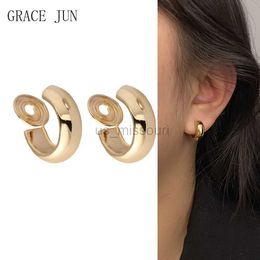 Stud GRACE JUN Vintage Gold Color Minimalist C Shape Clip on Hoop Earrings Non Pierced Cute Earring for Women Party Charm Jewelry New J230529