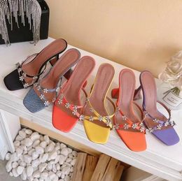 Amina Muaddi Sandals Mules Shoes Women Heels Dress Shoe Women 'S Real Silk Crystal Embellished Strap Slippers Rhinestone Spool Heel Luxury 35-42