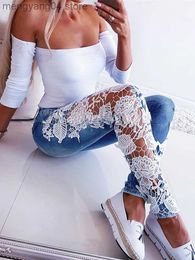 Women's Jeans Lace Floral Crochet Hollow-Out Jeans Autumn Women Elegant Sexy Denim Pencil Skinny Jeans T230530