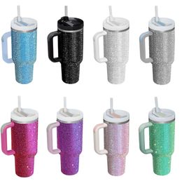 40oz Diamond Tumblers Cups With Handle Lids and Straw Stainless Steel Insulated Tumblers Bling bling Car Travel Mugs Termos Water Bottles