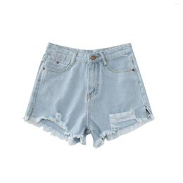 Women's Shorts Women's Solid Colour Hole Pants Summer Thin Denim Jeans Bottom Ripped Elastic Tight Casual Frayed High Waist