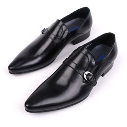 Mens Pointed Toe Loafers Leather Shoes Genuine Leather Elegant Wedding Party Casual Dress Shoes Buckle Brown Black Oxford Shoe