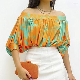 Women's Blouses Summer Off Shoulder Temperament Slash Neck Top Casual Pleat Print Shirts Women Fashion Colorful Striped Clothing Blusas