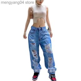 Women's Jeans Mid Waist Ripped Baggy Jeans Women Wide Leg Pants Mom Blue Trousers Loose Hole Vintage Streetwear Pantalones Spodnie Damskie T230530