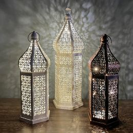 Decorative Objects Figurines 33CM Moroccan Retro Hollow Led Wind Lamp White Iron Lantern el Home Bedroom Living Room Atmosphere Decorative Lamp 230530