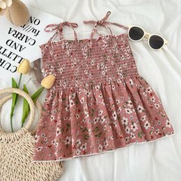 Women's Tanks Korean Sweet Floral Camis For Girls 2023 Summer Casual Lace-up Crop Tops Shirring Slight Stretch Short Drop