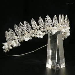 Hair Clips Silver Colour Luxury Bridal Alloy Handmade Leaves Crown Inlaid Ceramic Flowers Crystal Pearl Headwear Wedding Jewellery