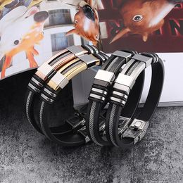 Charm Bracelets Stainless Steel Bracelet Men WristBand Black Grooved Rubber Silicone Mesh Link Insert Punk Stylish Casual Bangle