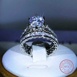 Band Rings 925 Silver Luxury Engagement Rings for Women 2Pcs/Set Shiny Zircon Novel Design Two Tone Elegant Female Jewellery Rings Dropship AA230530