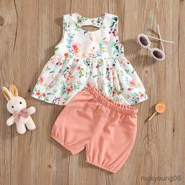 Clothing Sets Summer Newborn Baby Girl Clothes Sleeveless Round Neck Floral Rabbit Print Vest Solid Shorts Baby's