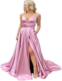 High Slit Pink Prom Dress 2023 A Line Spaghetti Straps Backless Formal Occasion Evening Wear Simple Satin Engagement Party Gowns robe de soiree vestido de noche