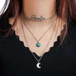 Bohemian Moon Rice Bead Pendant Multi layered Necklace Geometric Alloy Metal Imitation Turquoise Triple Layer Necklace