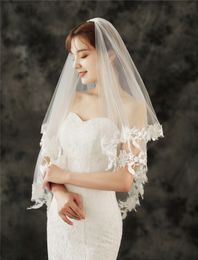 White, Ivory Short Wedding Veils with Applique Edge Bridal Veil with Comb