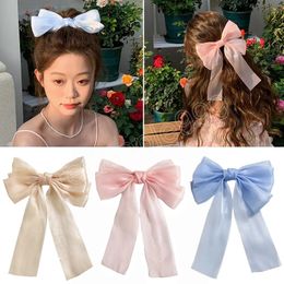 Sweet Women Bowknot Ribbon Hairpins Princess Barrettes Spring Clip Ponytail Clip Bright Pink Blue Hair Accessories