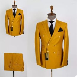 Men's Suits Fashion Yellow Double Breasted Costume Homme Men Peak Lapel Tuxedos Party Groom Prom Slim Fit Terno Masculino Blazer 2 Pcs