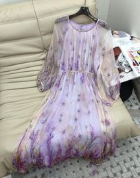 Casual Dresses Silk High Quality 2023 Women Purple Floral Printed Lantern Sleeve Long O-neck Folds Midi Dress S-XL