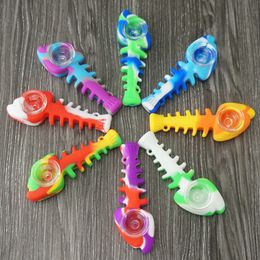 Latest Colourful Hand Silicone Pipes Portable Fishbone Style Glass Philtre Singlehole Spoon Bowl Herb Tobacco Cigarette Holder Hookah Waterpipe Bong Smoking DHL