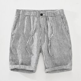 Men's Shorts Striped For Men Japanese Style Pure Linen Casual Elastic Waist Button Up Short Pants 2023 Summer