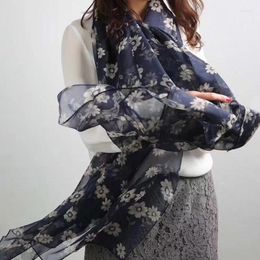 Scarves Silk Chiffon Scarf For Women Spring Summer Shawl Lady Fashion Navy Floral Print Mulberry Long Foulard Luxury
