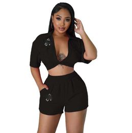 Women Tracksuits Solid Jumpsuit Corset 2 Pieces Set Short Sleeve Zipper Bodycon Sexy Streetwear Matching Outfit Clothing