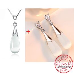 925 Sterling Silver Jewellery Sets Moonstone Opal Water Drop Necklace+Earrings joyas de plata For Women Girl Gift