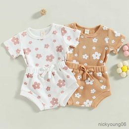 Clothing Sets Baby Girls Summer Clothes Newborn Infant Floral Print Waffle Short Sleeve T-shirtsandDrawstring Shorts Outfits