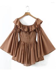 Casual Dresses YENKYE 2023 Fashion Women Light Brown Sexy Off Shoulder Dress Female Flare Sleeve Summer Ladies Vintage Short Vestido