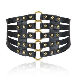 Newly designed retro metal ring with golden women's fashionable rivet wide waist elastic 5-band PU belt G230529
