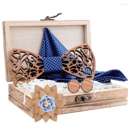 Bow Ties 2023 Bule Wooden Wood Hollow Carve Tie Set For Men Pocket Square Cufflinks Floral Brooch With Box Bowtie Accessory