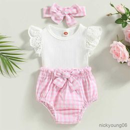 Clothing Sets Baby Girl Clothes Summer Suits Solid Color Fly Sleeve Crew Neck Romper Plaid Elastic Waist Shorts Bow Headband Set