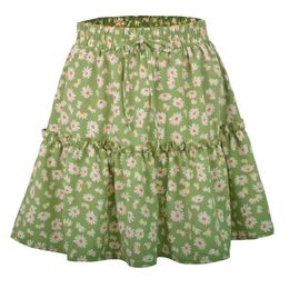 Skirts New Summer Daisy Flower Print Women's 2023 Fashion Ruffled High Waist Sweet Casual Street Clothing Loose Mini Ski P230529