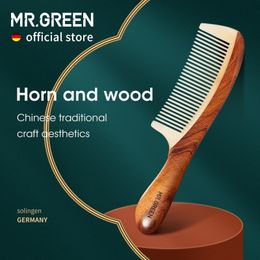 Hair Brushes MR.GREEN Comb Natural Wood With Horn Splicing Structure Fine Tooth Hair Comb Anti-Static Head acupuncture point massage Gift 230529