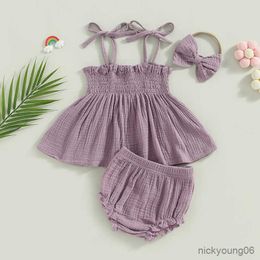 Clothing Sets Newborn Baby Girls Summer Outfits Clothes Set Cotton Linen Casual Sleeveless Tie Strap Shirred TopsandShortsandHeadband Suit