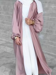 Ethnic Clothing Turkey Satin Abaya Kimono Turkey Puff Sleeve Open Abayas for Women Dubai Muslim Hijab Dress Modest Islamic Clothing Kaftan 230529