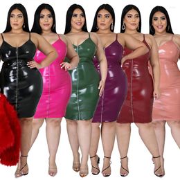 Casual Dresses Summer Sexy Plus Size PU V-Neck Dress Sleeveless Zipper Strap Bodycon Knee-Length Party Club Midi