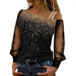 Women's Blouses Off Shoulder Sexy Women Sequin Print Mesh Long Sleeve Top Cold Loose Casual Blouse And Shirts Elegant Lady