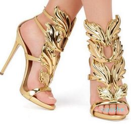 Women Cruel dress shoes Summer Pumps Golden Metal Leaf Winged Gladiator Sandals High Heels Shoes With Box