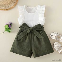 Clothing Sets 0-3-year-old newborn baby girl summer sleeveless round neck white shirt with Army green shorts belt fashion suit