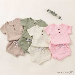 Clothing Sets Summer Newborn Baby Solid Clothes Infant Boy Girls Knitted Plaid Short Sleeve T-shirtsandShorts Outfits for Newborns