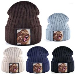 Berets Men's Beanie Hat With Bear Patch Autumn Knitted Skullies Caps Women Winter Soft Knit Bonnet Beanies Fashion Hip Hop Gorras Hats