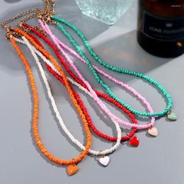 Chains 2023 Handmade Candy Colour Beaded Choker Necklace Women Cute Heart-shaped Enamel Drip Glaze Pendant Necklaces Bohemian Jewellery