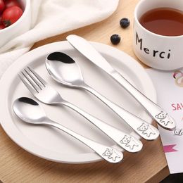 Cups Dishes Utensils 4pcs / set Utensils Set Fork Knife Teaspoon Spoon Food Baby Feeding Children Learning Food Habit Kids Stainless Steel Cutlery 230530