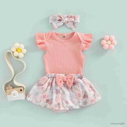 Clothing Sets Baby Summer Infant Girl Clothes Solid Color Flying Sleeve RomperandShorts Pants Headband Outfits 0-2T