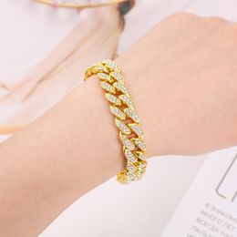 Men Women Cuban Bracelet Chain Full CZ Inlaid 18k Yellow/White Golden Hip Hop Couple Bracelet Wrist Link 8 Inches