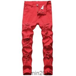Men Ripped White Red Black Stretch Slim Fit Spring Autumn Denim Distressed Hip Hop Streetwear Biker Jeans Pants A74w
