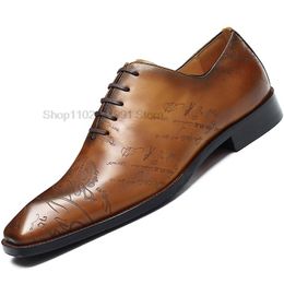 Genuine Leather Mens Formal Shoes Handmade Black Brown Carving Oxfords Business Lace Up Plain Toe Wedding Dress Shoes For Men