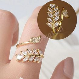 Delicate Leaf Ring For Women Gold Colour Paved Crystal CZ Stone Fashion Adjustable Opening Ring Party Chic Girls Jewellery