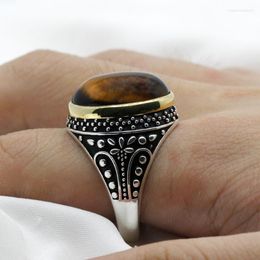 Cluster Rings All Season Vintage Men's Ring Tiger Eye Stone Punk Classic Black Color 925 Silver Male Bijoux Aneis Jewelry Gift