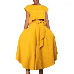 Ethnic Clothing Sexy Long Dress Set Casual Ladies African Solid Short Sleeve Top Loose Skirt 2 Pieces 2023 Summer Elegant Clothes