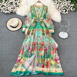 Casual Dresses 2023 Summer Fashion Runway Elegant Chiffon Maxi Dress Women Deep V Neck Print Boho Holiday Party Long N6878